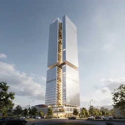 sustainable architecture single skyscraper with air - source heat pumps, unreal 5, daz, hyperrealistic, octane render cinematic volume inner glowing aura global illumination ray tracing hdr