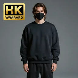 professional digital art of a young adult man with slightly long hair wearing a black face mask and an oversized dark sweatshirt and dark sweatpants, high quality, HD, 8K, highly detailed, award-winning, sci-fi, fantasy, movie, concept
