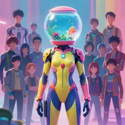 character concept of a futuristic suit with a fishbowl for a head. vibrant colors, soft lighting, 8 k, octane render. by makoto shinkai, stanley artgerm lau, wlop, rossdraws, james jean, andrei riabovitchev, marc simonetti, krenz cushart, sakimichan, d & d trending on artstation, digital art.