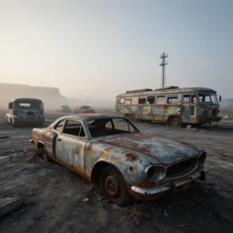 low wide angle shot of dilapidated fallout 5, desolate rugged industrial area, few rusted retro futuristic vintage abandoned vehicles like cars, ( ( ( buses, trucks, trams ) ) ), volumetric lighting, photorealistic, foggy, early evening, winter, sharp focus, ultra detailed, 4 0 0 0 k