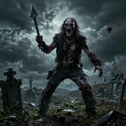 An eerie atmospheric highly detailed hyper realistic DSLR photo of the zombie known as Eddie The Head from Iron Maiden lit by supernatural weather on a creepy graveyard hilltop as he cackles maniacally and brandishes his weapon at the weird sky, 8k, dramatic lighting, horror, #news
