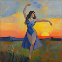 woman dancing across the landscape as the sun sets, abstract art in the style of cubism and georgia o keefe