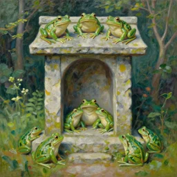 beautiful impressionist painting of a stone shrine made by frogs
