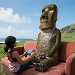 wide angle of a Moai statue sitting on a couch playing video games