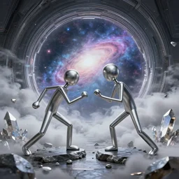 2 stickman figures, battle each other, metalic silver, stones, crystal, cloud, smoke, wide view, portal to a futuristic scifi cyberpunk galaxy, extremely detailed, sharp focus, wide view, full body shot, smooth, digital illustration, by, james jean, by rossdraws, frank franzzeta, sakimichan, mcbess, aphonse mucha
