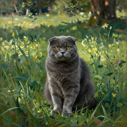dark grey scottish fold sitting in the middle of sunny meadow, by  Max Beckmann