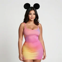 woman, black hair, tan skin, curvy hourglass figure, slight resemblance to selena gomez and vanessa hudgens wearing colorful clothes and mickey mouse ears headband. birthday party. balloons. clean cel shaded vector art. shutterstock. behance hd by lois van baarle, artgerm, helen huang, by makoto shinkai and ilya kuvshinov, rossdraws, illustration,