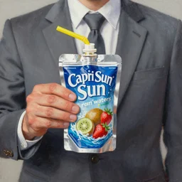 an oil painting of a business man holding a capri sun, capri sun roarin'waters strawberry kiwi surf flavor, punch pouch with yellow straw, metallic floppy pouch capri sun