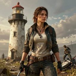 fallout 5, charismatic beautiful rugged brunette female protagonist, portrait, outdoors decrepit lighthouse, atmospheric lighting, painted, intricate, volumetric lighting, beautiful, daytime, sunny weather, slight overcast, golden hour, sharp focus, deep colours, ultra detailed, by leesha hannigan, ross tran, thierry doizon, kai carpenter, ignacio fernandez rios