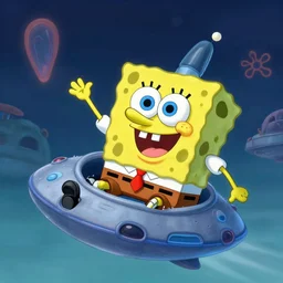 a beautiful and highly detailed illustration of spongebob squarepants learning to fly in an alien spaceship cover of rolling stone magazine | cgsociety, trending on artstation | octane, unreal engine :. 4 | fantasy art :. 3