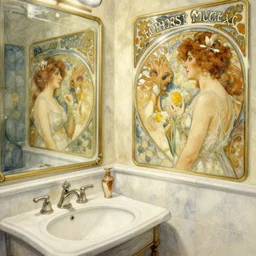 a beautifull intricate watercolour painting of a bathroom, reflexions, verry high details by william turner art, greg rutkowski and alphonse mucha, trending on artstation, very very detailed, masterpiece, muted colors