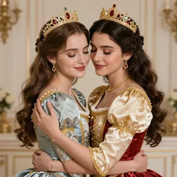 woman love woman, sweet hugs, royal dress, gold trim, by 3 8 0 light & color female reference pictures, trending on artstation, intricate details