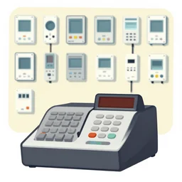 cash register in front of a wall of electrical supplies vector art