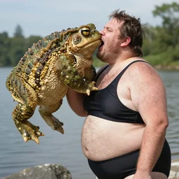 a leaked photo of a screaming, hairy, fat man that is wearing a swimsuit and kissing the worlds largest toad