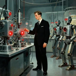 man in futurist 6 0 ´ s lab, machines and futurist robots, red lights, leyendecker style, black suit, futurism