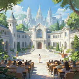 A college academy classroom in a beautiful elven city made of white marble, anime, lush trees, a fantasy digital painting by Greg Rutkowski and James Gurney, trending on Artstation, highly detailed