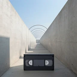 a vhs tape of a liminal concrete pathway, straight concrete walls, arcs, blue sky, perspective, repeating to infinity, sunlight, hazy, very detailed, realistic