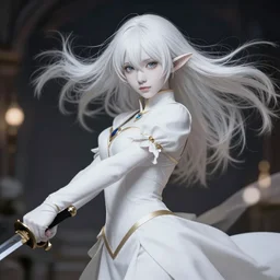 renaissance art of graceful elf girl with white skin, sword in hand, hair blowing the wind, trending artistic art, anime, dynamics, fate zero, realistic face, extremely high detailed, bokeh background, studio ghibly makoto shinkai yuji yamaguchi, wlop, genshin