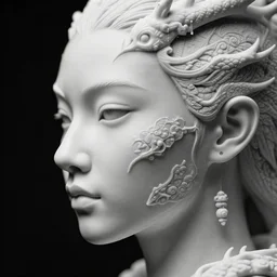 monochrome close - up profile face black background beautiful young porcelain vegetal - dragon - cyborg - female 1 5 0 mm beauti