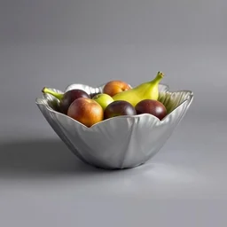 a fruitbowl in shapes of a fig leaf made of flat aluminium, product photo