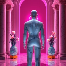 “ a beautiful mannequin made of onyx, printed in 3 d geometric neon kintsugi!!, facing a giant doorway opening with a neon pink light, vaporwave flowering iridescent pineapples + orchids, inside a room with marble columns, transcendent, vibrant color, clean linework, finely detailed, 4 k, trending on artstation, photorealistic, volumetric lighting, octane render ”