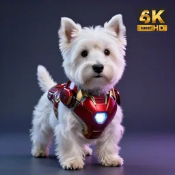 “anthropomorphic west-highland-white-terrier iron man, UHD, hyperrealistic render, 4k, cyberpunk”