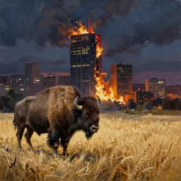 an oil painting of a lone American bison standing in a wheat field watching a banking skyscraper burn, nighttime