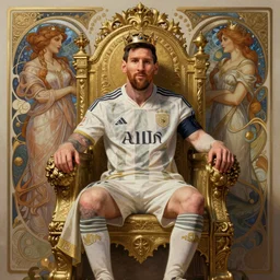Messi wearing a crown sitting on a majestic throne, D&D, fantasy, intricate, elegant, highly detailed, digital painting, artstation, concept art, matte, sharp focus, illustration, art by Artgerm and Greg Rutkowski and Alphonse Mucha