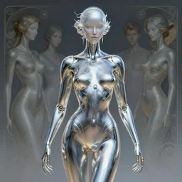 organic cyborg, liquid chrome, diffuse lighting, fantasy, intricate, elegant, highly detailed, lifelike, photorealistic, digital painting, artstation, illustration, concept art, smooth, sharp focus, art by john collier and albert aublet and krenz cushart and artem demura and alphonse mucha