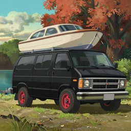 a wholesome animation key shot of one!! focused, black 1 9 8 3 gmc van, red alloy wheels, towing a boat, beside a lake, medium shot, studio ghibli, ( disney animation ), sharp, very detailed, high resolution, rendered in unreal engine 5, anime key art by greg rutkowski, bloom, dramatic lighting