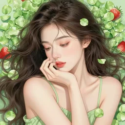 the portrait of an absurdly beautiful, graceful, elegant, pensive young woman made of strawberries and green petals, an ultrafine hyperdetailed illustration by kim jung gi, irakli nadar, intricate linework, bright colors, octopath traveler, final fantasy, angular, unreal engine 5 highly rendered, global illumination, radiant light, detailed and intricate environment