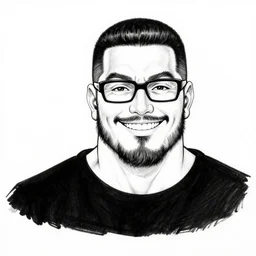 amateur ink line drawing of a buff smiling man with long stubble, muscular neck, rectangular shaped glasses and a black bowl cut, wearing a black tshirt, b & w clean shaped illustration by kim jung gi, ric estrada, ron english and eiichiro oda