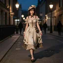 full body portrait photo of reol wearing a elegant pleated steampunk dress, open top, wearing a cute hat, waling down a dark busy victorian street exterior, streetlamps, dim studio lighting, at night, ( ( photograph ) ), moody, realistic, detailed, low light, skin tinted a warm tone, light blue filter