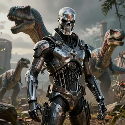 a hyper real comic book style portait painting of the terminator in the stone age with dinosaurs, unreal 5, hyperrealistic, octane render, cosplay, rpg portrait, dynamic lighting