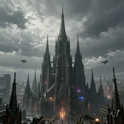 octane render of a gothic city with an overcast sky, tall spires, steampunk, cyberpunk, high - definition, trending on artstation, alienating, imposing, imperious, malevolent, moody, landscape, distant, vast, cityscape, skyline, neon, glowing, flying vehicles, long shot, timelapse, 4 0 k, warhammer 4 0 0 0 0, zdzisław beksinski