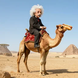 einstein riding a camel and eating a hotdog