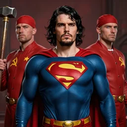 stalin as superman, red son, socialist realism, sovietwave aesthetic, hammer and sickles, hyperrealism, ultra detailed, intricate digital art, trending artstation, 8 k, unreal 5, octane render, vfx, volumetric lighting, rich moody colors, fan art, concept art