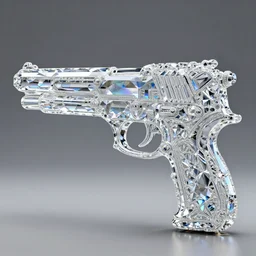 a gun made of diamond. diamond crystal sculpture with ornate crystal glass elements reflecting rainbows patterns in the shape of a glass diamond gun by jack storms, octane render, 4 k, intricate, detailed, 3 d