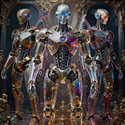 vibrant ultra clear cybernetic!!! cyborg!! robot! symmetry background wallpaper by laurie greasley rene magritte gustave dore, low contrast, cinematic dramatic lighting, hyper realistic detailed intricate render, hypermaximalist, ornate, epic composition, 4 k 8 k, octane blender, sharp focus, concept art, masterpiece award
