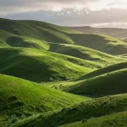 a beautiful photograph of green rolling hills, sunny, iceland, soft lighting, ultra wide angle lens