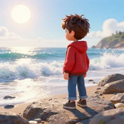 a short boy with shaggy brown hair wearing a red jacket and blue jeans is standing on a rocky beach, waves crashing, the sun shining bright, digital art, blender, unreal, 4 k, trending on artstation