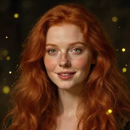 portrait of a red haired woman, long hair, green eyes, hint of freckles, beautiful round face, soft amazed smiles, among golden fireflies, highly detailed, deep focus, elegant, digital painting, smooth, sharp focus, golden ratio, dramatic illumination, ultra realistic, 8 k, art by artemisia lomi gentileschi and caravaggio