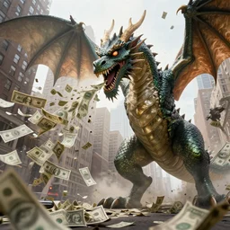 new york city getting attacked by a huge dragon that spitts out money, high quality realistic photo