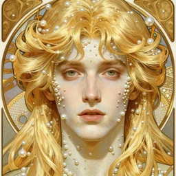 realistic detailed face portrait of merman blond androgynous prince Lucius with forehead bangs fringe and pearl, long luxurious blond hair, very very very very silky light golden blond hair, extremely pale blond hair, pearls so many pearls on skin, by Alphonse Mucha, Ayami Kojima, Amano, Charlie Bowater, Karol Bak, Greg Hildebrandt, Jean Delville, and Mark Brooks, Art Nouveau, Neo-Gothic, gothic, rich scintillating bright white gold colors