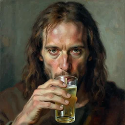 closeup portrait biblical daemonic christopher walken! drinking kvas, by mikhail vrubel, by peter elson, muted colors, extreme detail, trending on artstation, 8 k