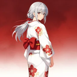 beautiful girl, silver hair, white kimono with complex red flower patterns, full body, looking to camera, showing her shoulder from back, ilustration by ((((Takehiko Inoue)))) ((and Krenz Cushart))
