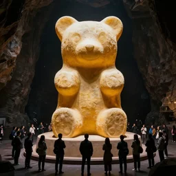a stunning image of a giant gummy bear on a pedestal, many people worshipping, dark cave like surrounding.