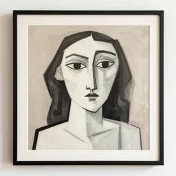 best of picasso curved futuristic lineart portraits, cubism, boho neutral colors, framed