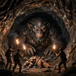 Explorers with their torches a giant cyclops sleeping at the bottom of his cave, hyperdetailed, artstation, cgsociety, by greg rutkowski, by Gustave Dore