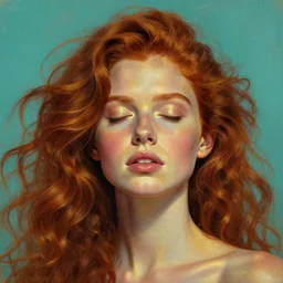 hyper realistic painting portrait of a redhead girl with flowing curls and closed eyes, golden skin and turquoise background, hyper detailed face by stjepan sejic, by norman rockwell, by michael hussar, by roberto ferri, by ruan jia, textured turquoise background